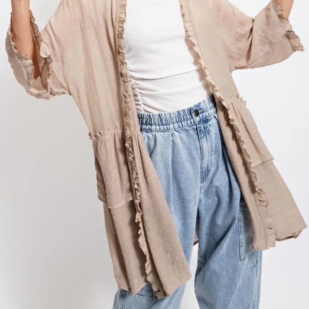 easel Beige Ruffled Open Cardigan